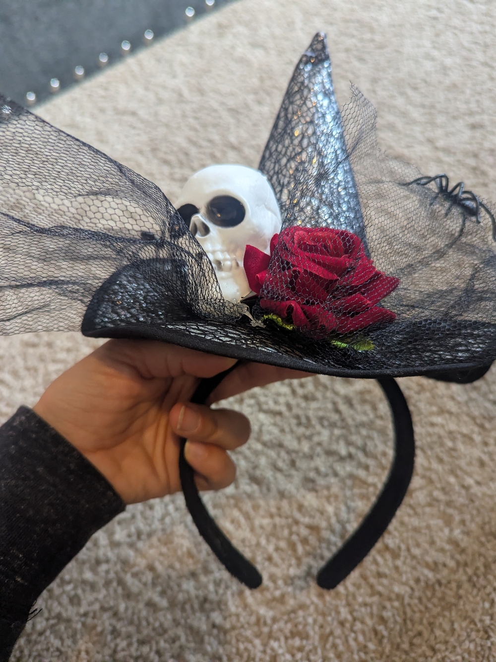 Halloween Witch Hat Headband Mini Top Hat Fascinator Skull Red Rose Spider Veil